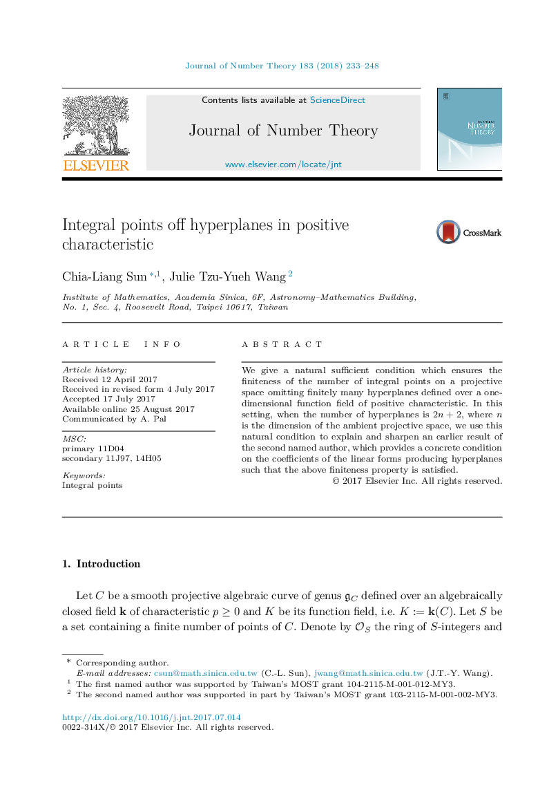 Integral points off hyperplanes in positive characteristic