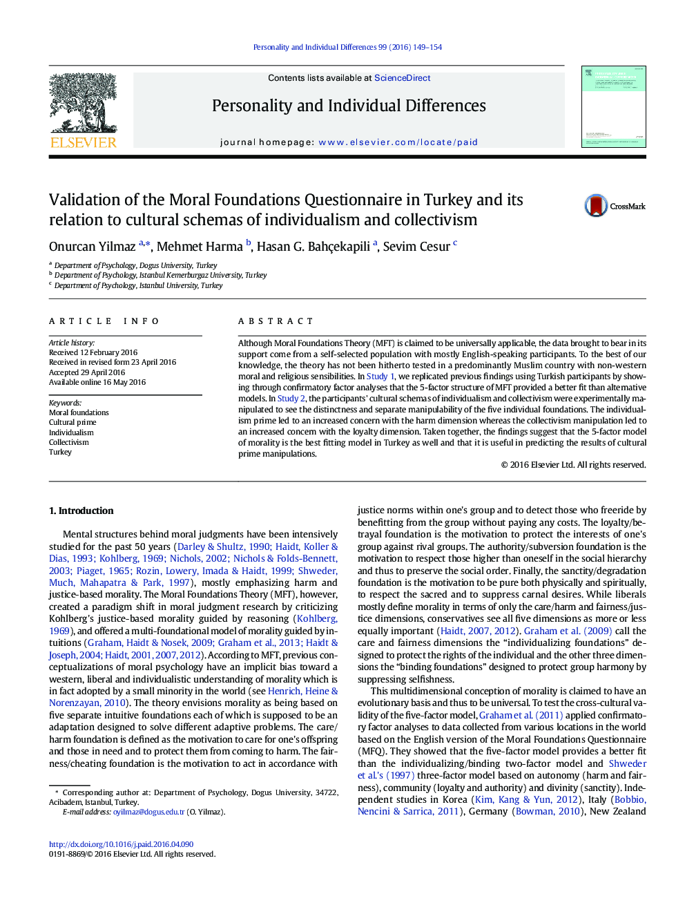 Validation of the Moral Foundations Questionnaire in Turkey and its relation to cultural schemas of individualism and collectivism