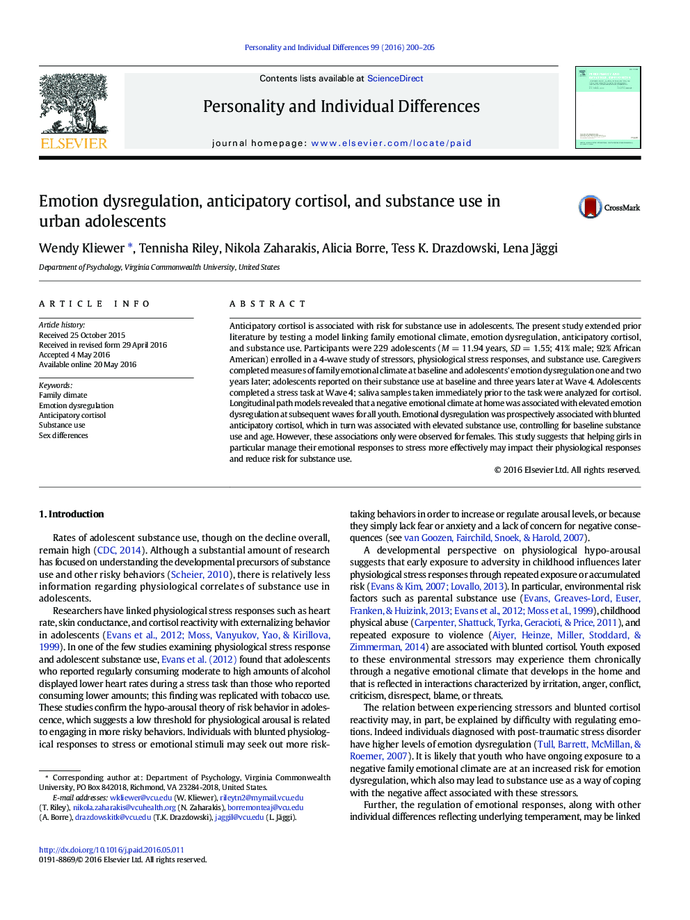 Emotion dysregulation, anticipatory cortisol, and substance use in urban adolescents