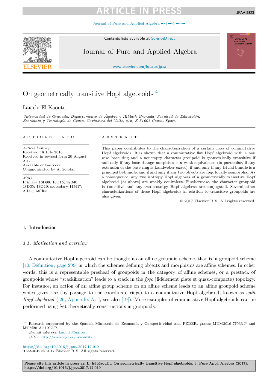عکس صفحه اول مقاله: On geometrically transitive Hopf algebroids On geometrically transitive Hopf algebroids