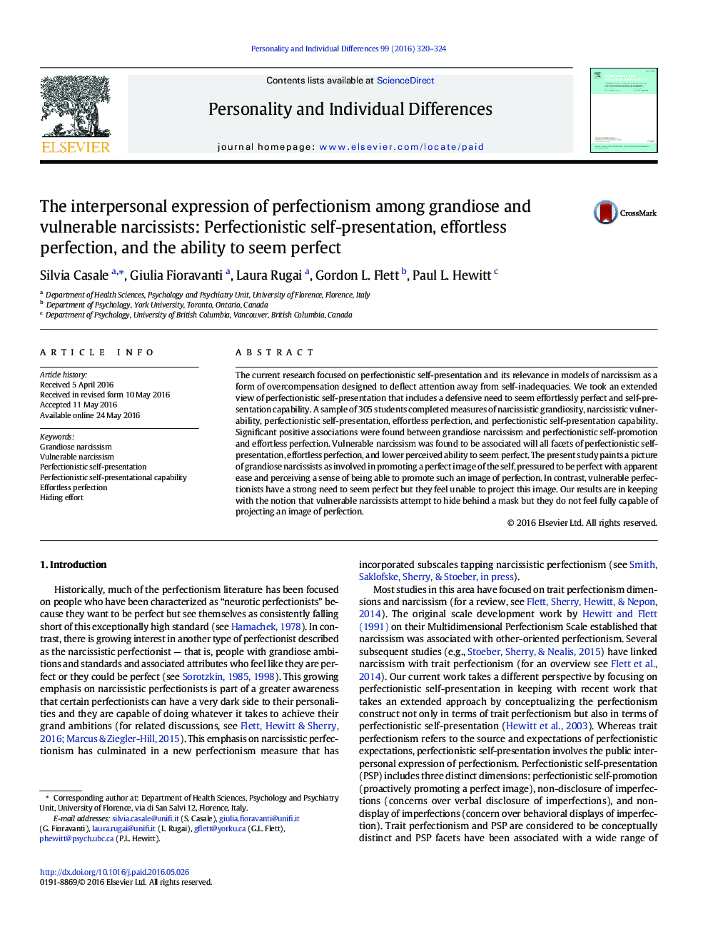 The interpersonal expression of perfectionism among grandiose and vulnerable narcissists: Perfectionistic self-presentation, effortless perfection, and the ability to seem perfect