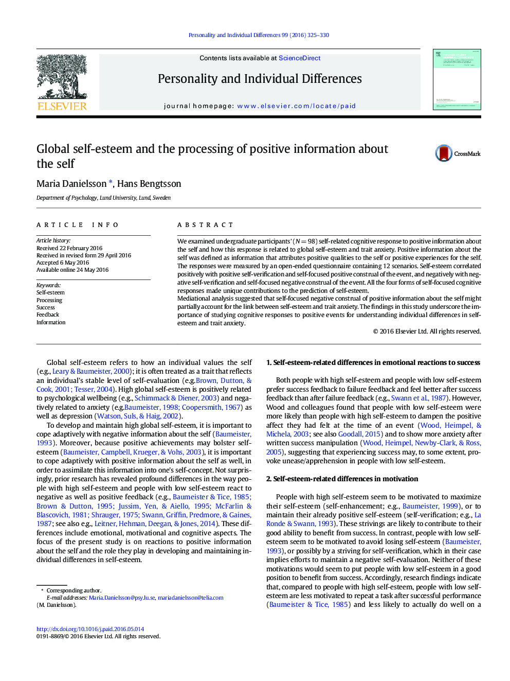 Global self-esteem and the processing of positive information about the self