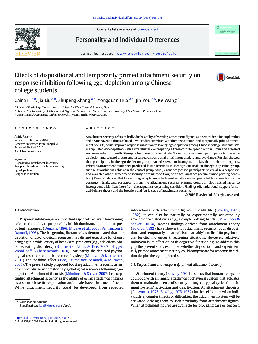 Effects of dispositional and temporarily primed attachment security on response inhibition following ego-depletion among Chinese college students