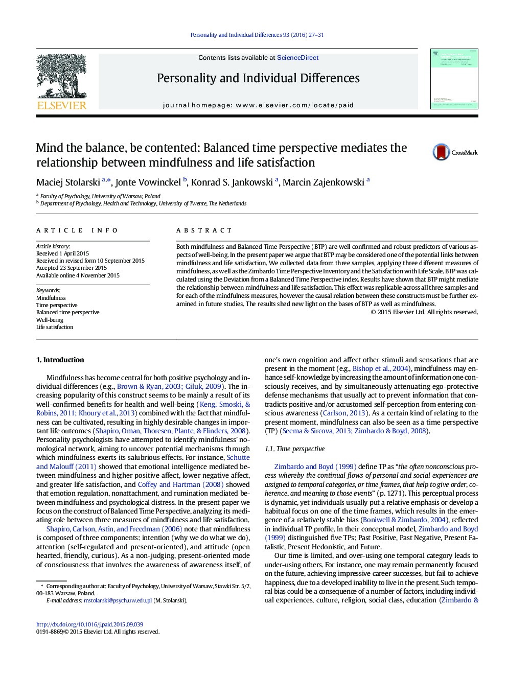 Mind the balance, be contented: Balanced time perspective mediates the relationship between mindfulness and life satisfaction