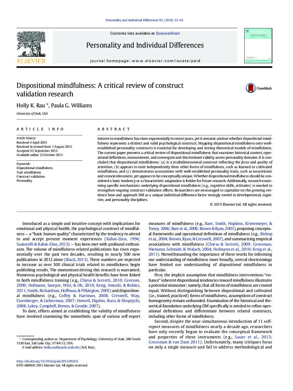 Dispositional mindfulness: A critical review of construct validation research