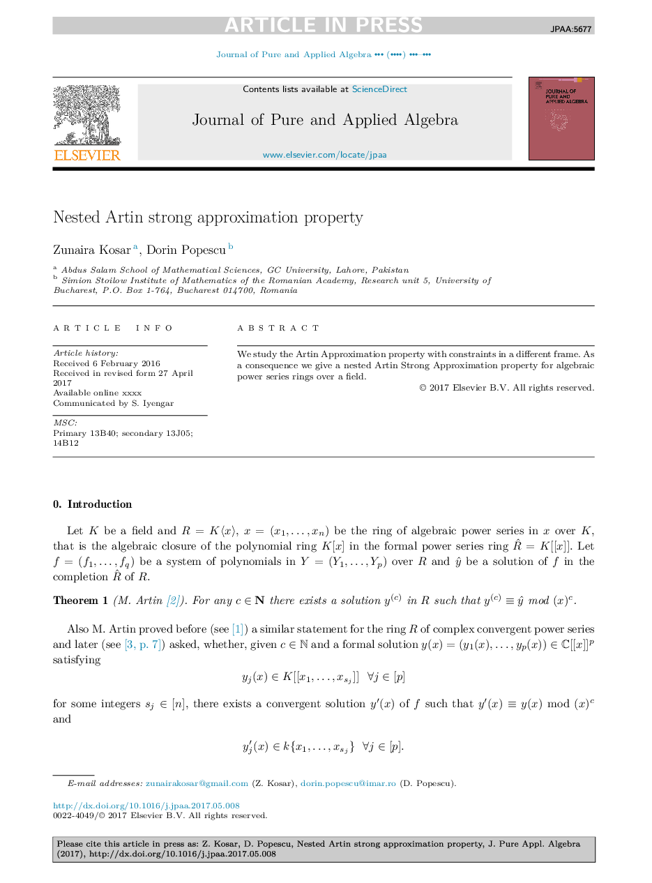 Nested Artin strong approximation property