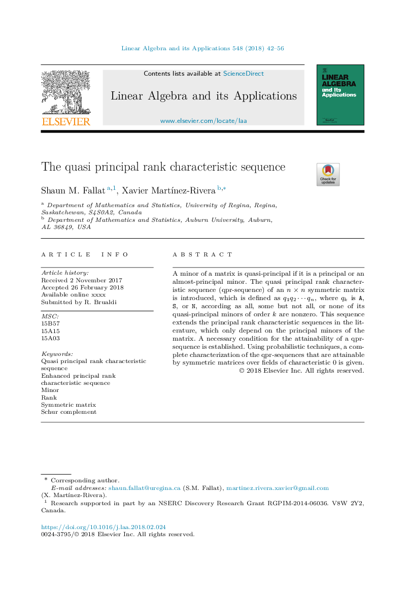 The quasi principal rank characteristic sequence