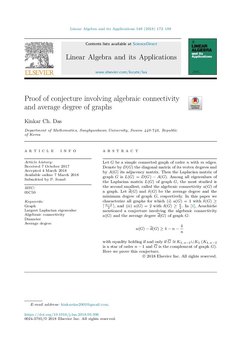 Proof of conjecture involving algebraic connectivity and average degree of graphs