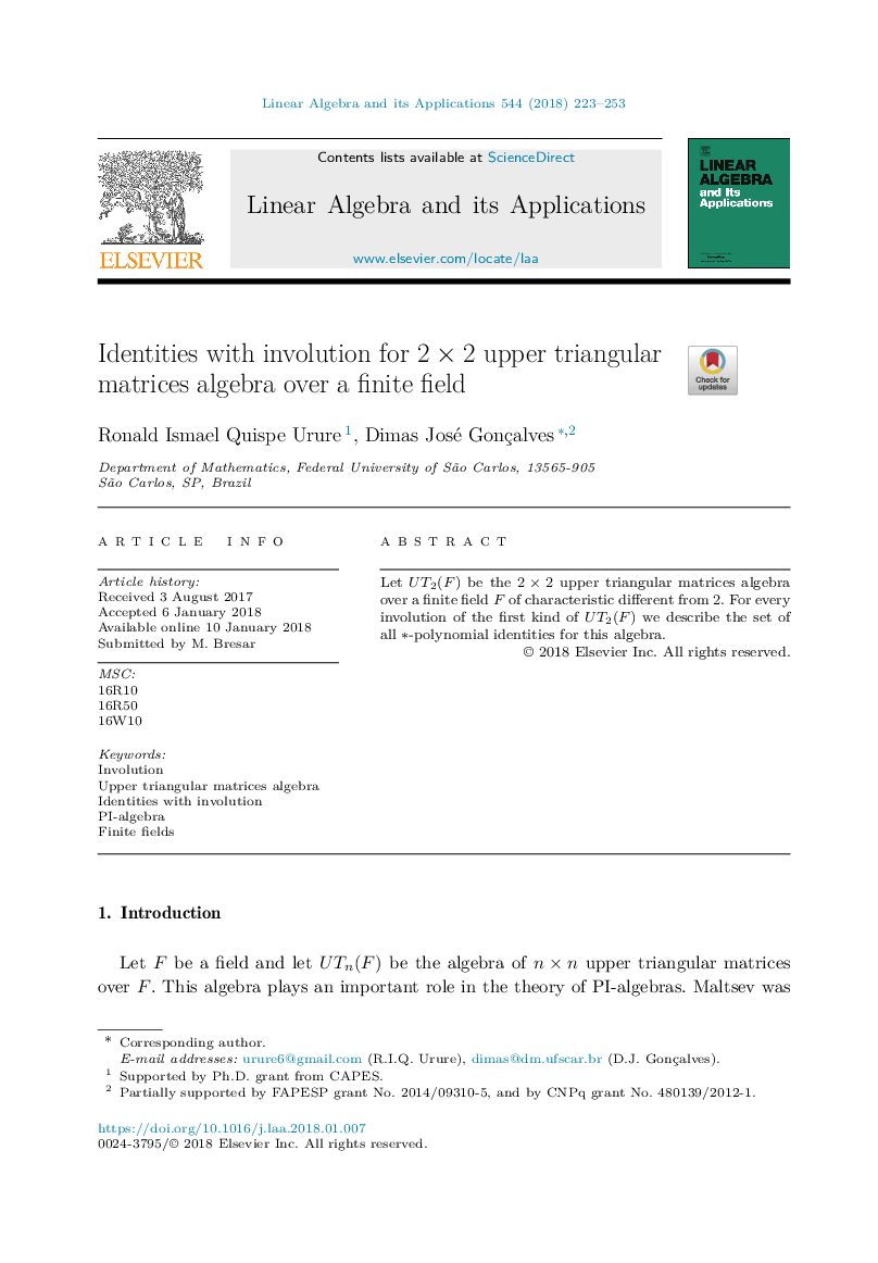 Identities with involution for 2Â ÃÂ 2 upper triangular matrices algebra over a finite field