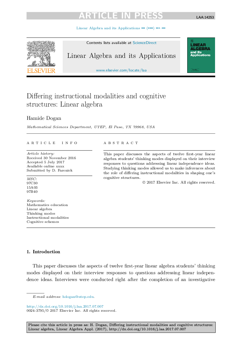 Differing instructional modalities and cognitive structures: Linear algebra