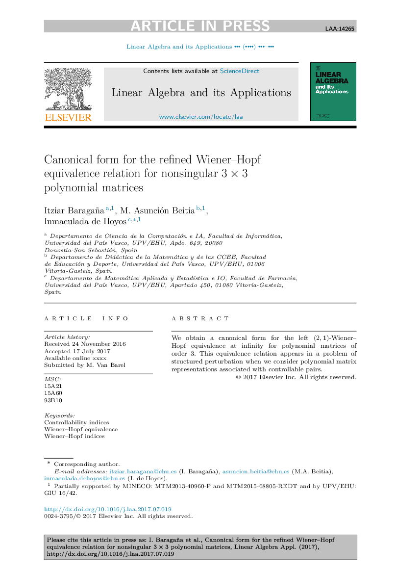 Canonical form for the refined Wiener-Hopf equivalence relation for nonsingular 3Â ÃÂ 3 polynomial matrices