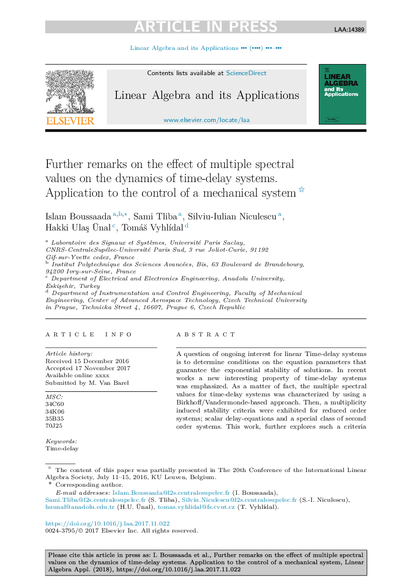 Further remarks on the effect of multiple spectral values on the dynamics of time-delay systems. Application to the control of a mechanical system