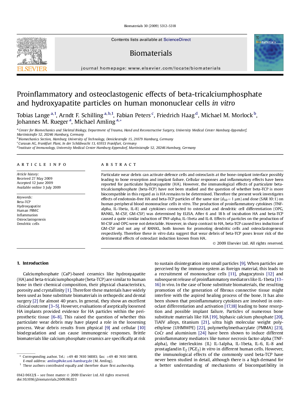 Proinflammatory and osteoclastogenic effects of beta-tricalciumphosphate and hydroxyapatite particles on human mononuclear cells in vitro