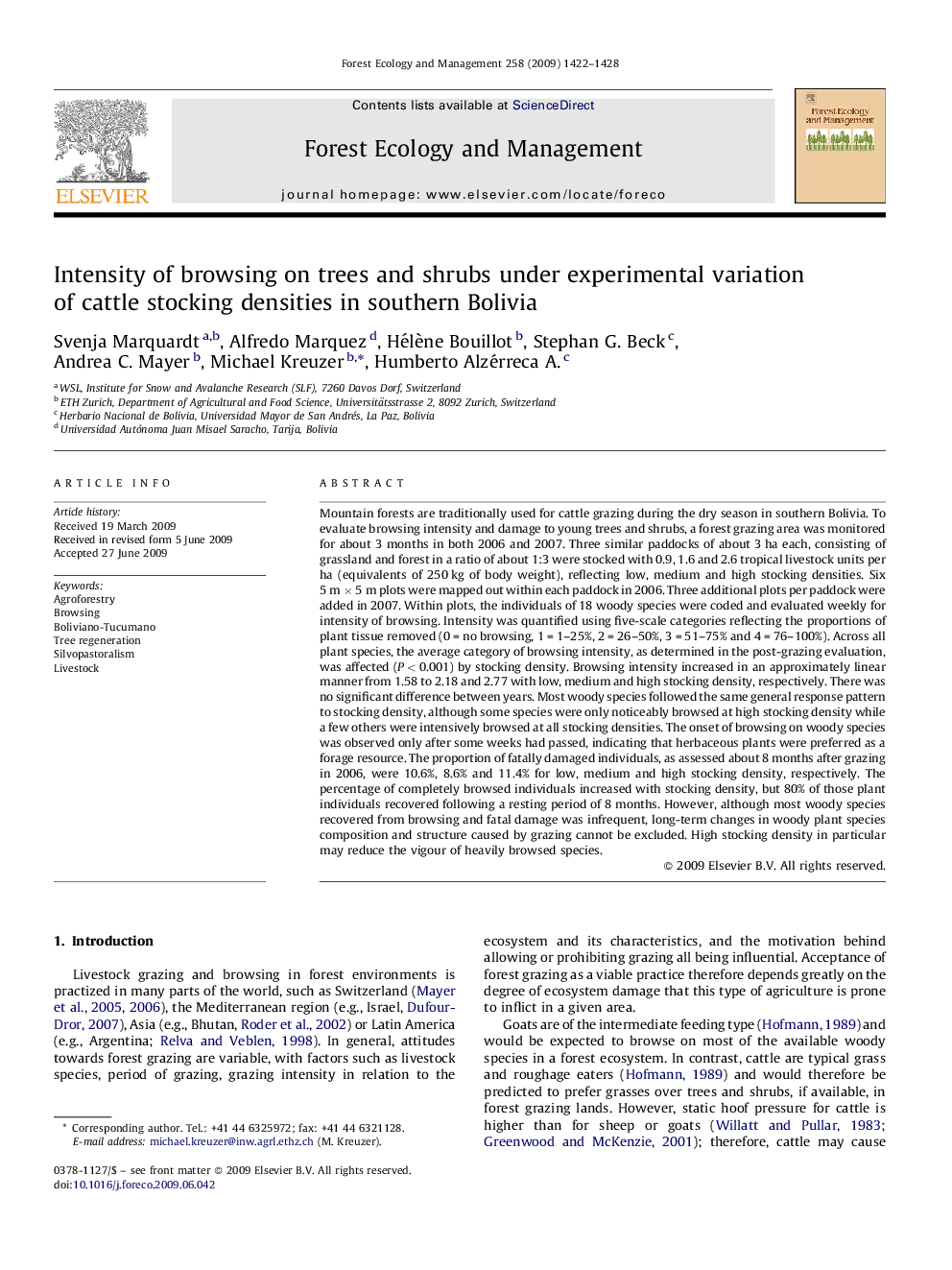 Intensity of browsing on trees and shrubs under experimental variation of cattle stocking densities in southern Bolivia