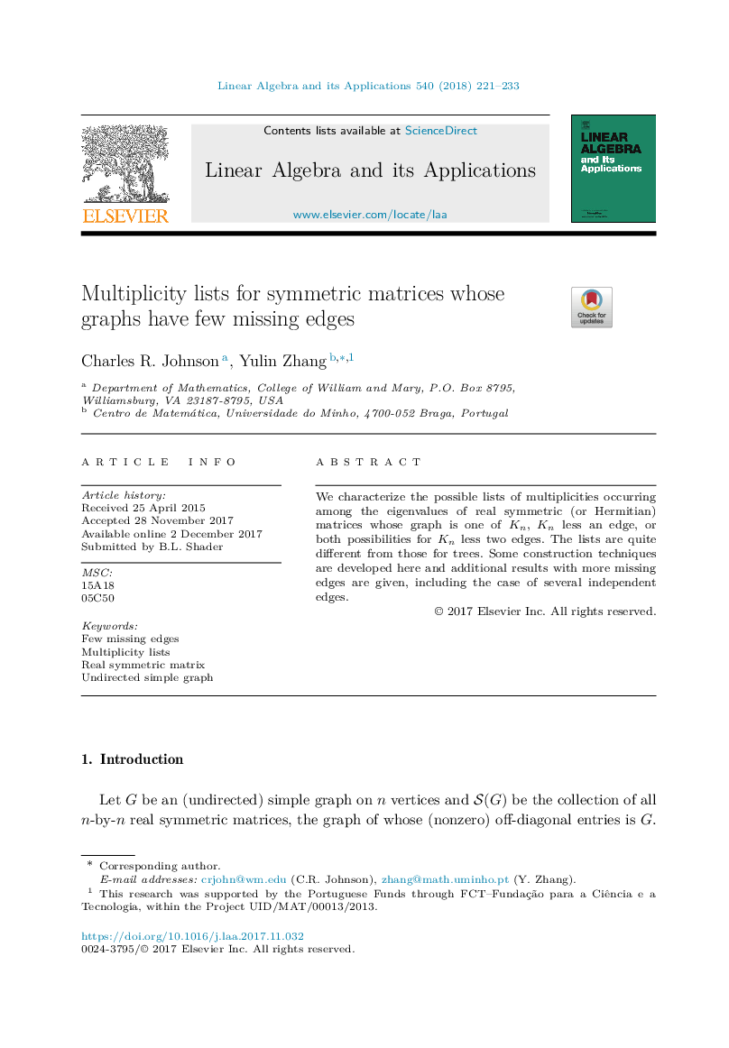 Multiplicity lists for symmetric matrices whose graphs have few missing edges