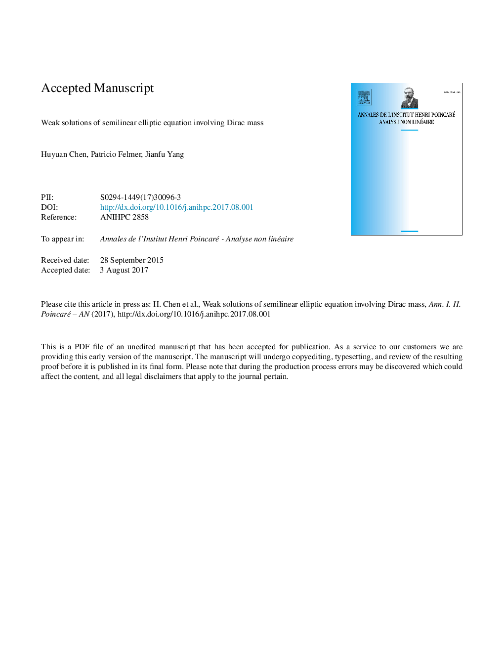 Weak solutions of semilinear elliptic equation involving Dirac mass