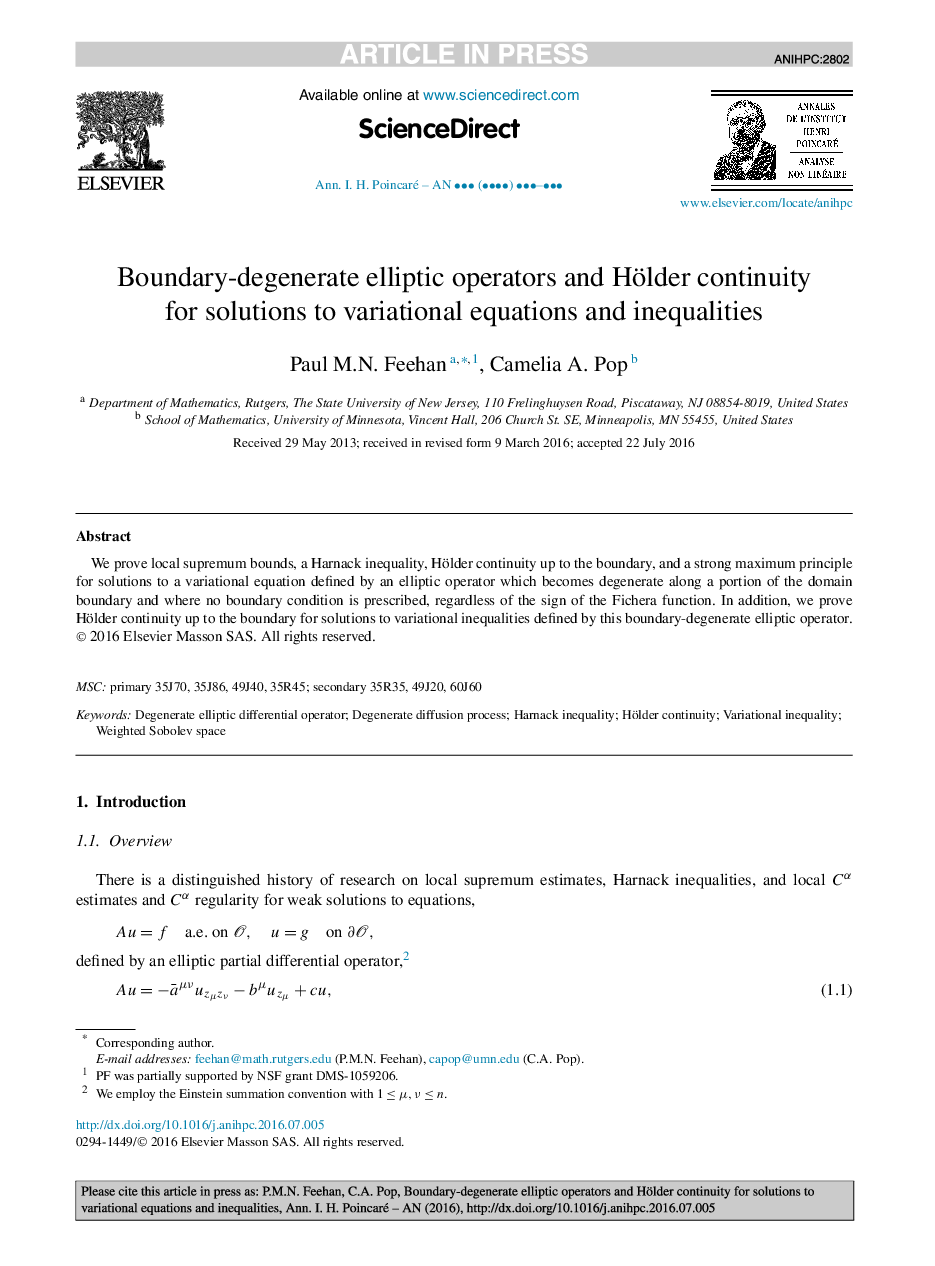 Boundary-degenerate elliptic operators and Hölder continuity for solutions to variational equations and inequalities