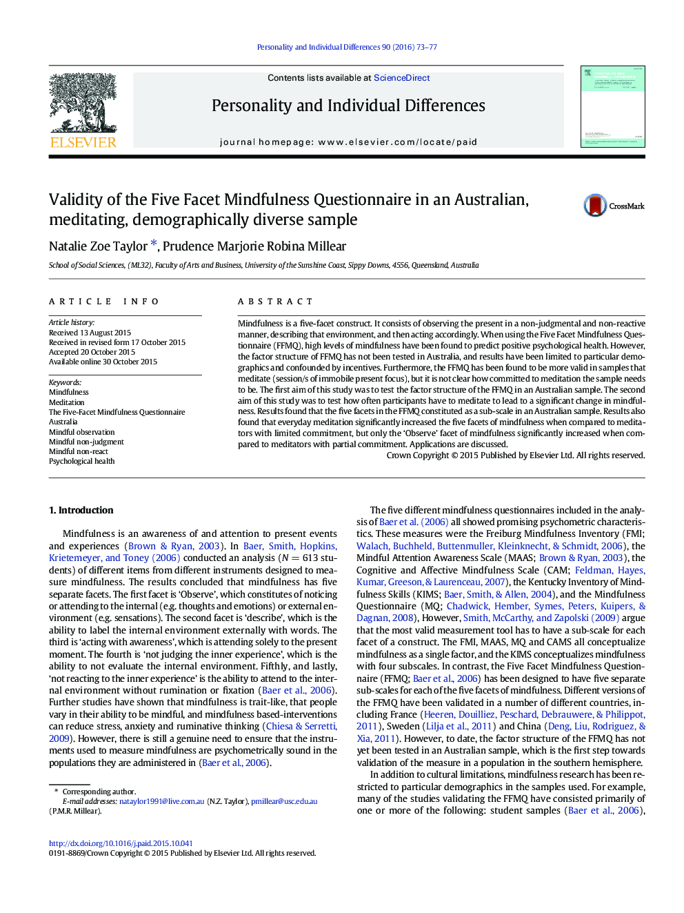 Validity of the Five Facet Mindfulness Questionnaire in an Australian, meditating, demographically diverse sample