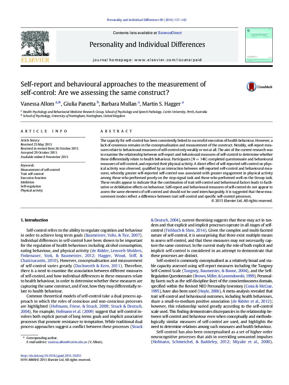 Self-report and behavioural approaches to the measurement of self-control: Are we assessing the same construct?