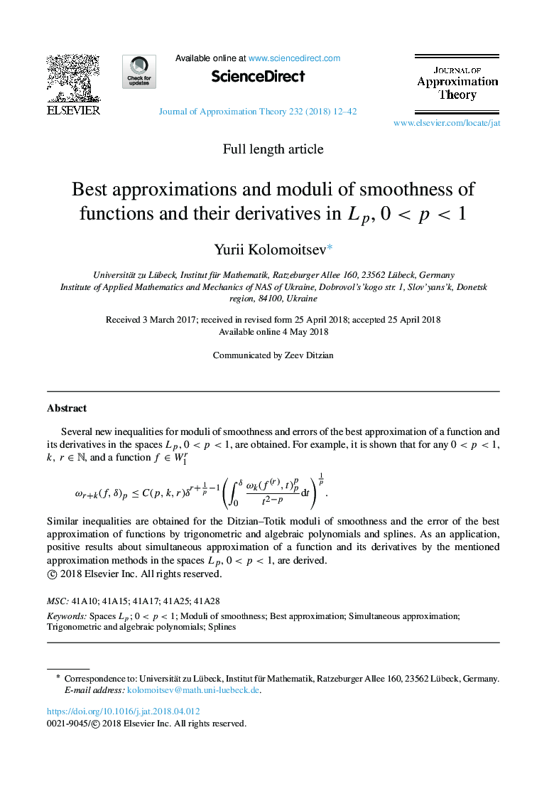 Best approximations and moduli of smoothness of functions and their derivatives in Lp, 0<p<1