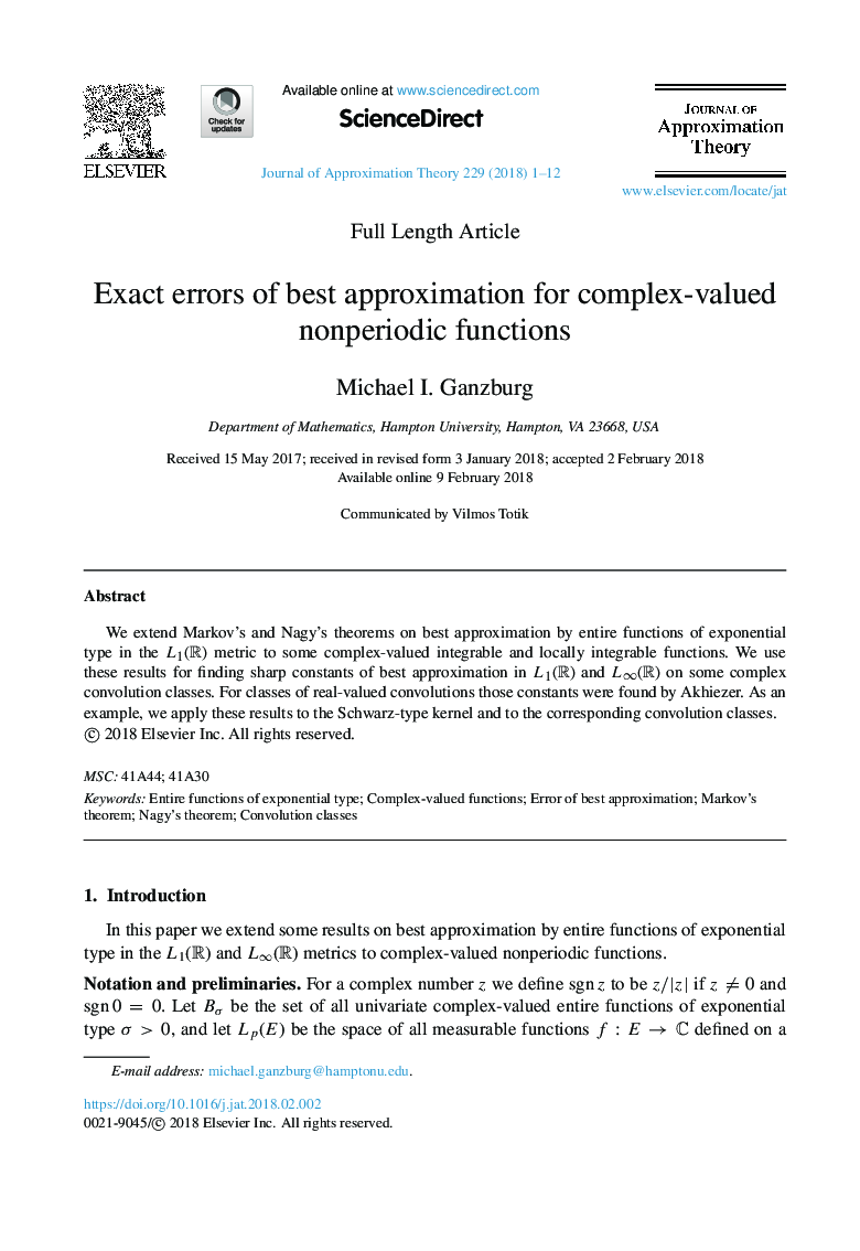 Exact errors of best approximation for complex-valued nonperiodic functions