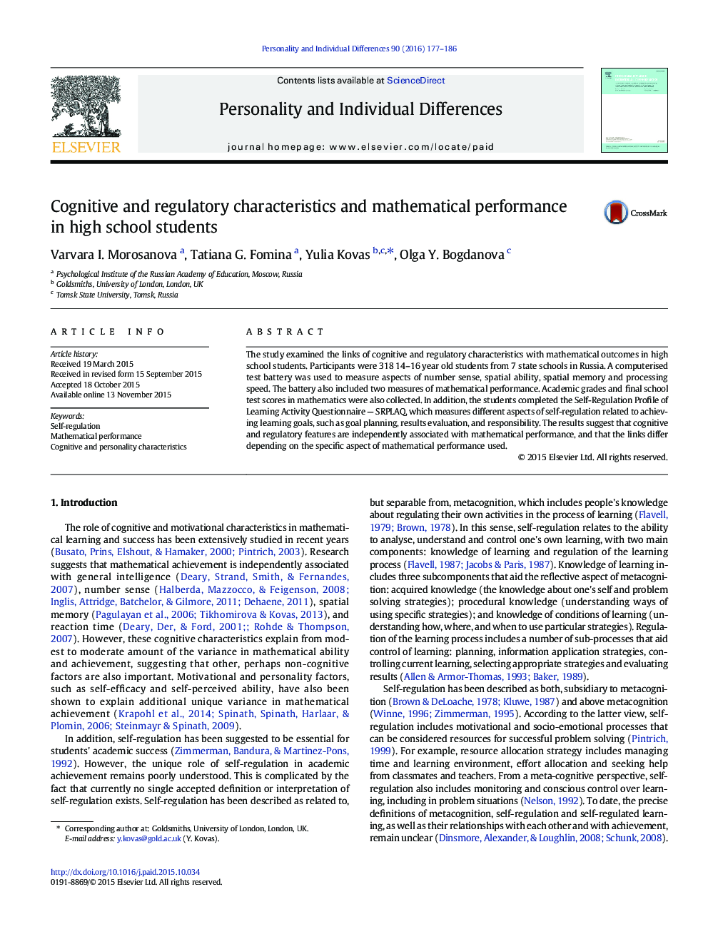 Cognitive and regulatory characteristics and mathematical performance in high school students