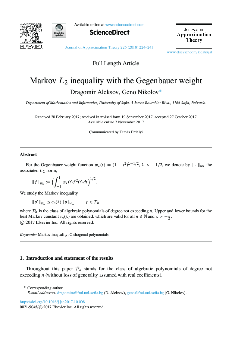 Markov L2 inequality with the Gegenbauer weight