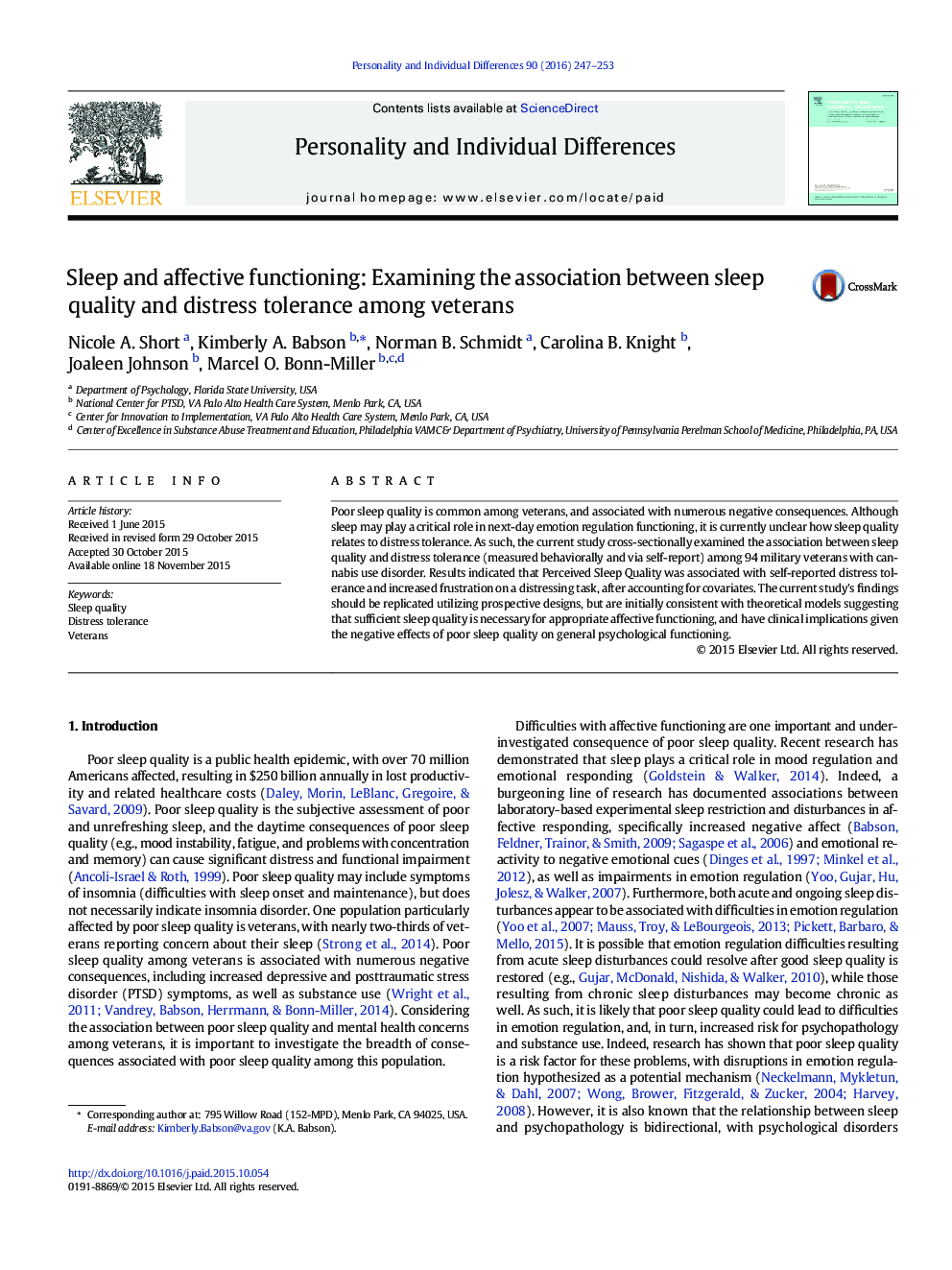 Sleep and affective functioning: Examining the association between sleep quality and distress tolerance among veterans