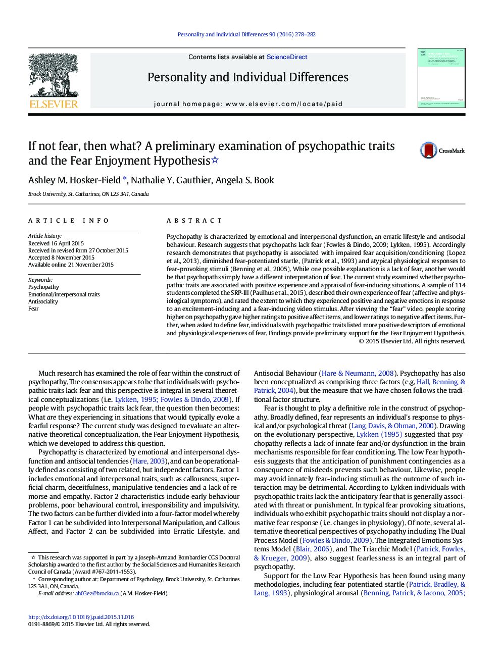 If not fear, then what? A preliminary examination of psychopathic traits and the Fear Enjoyment Hypothesis 