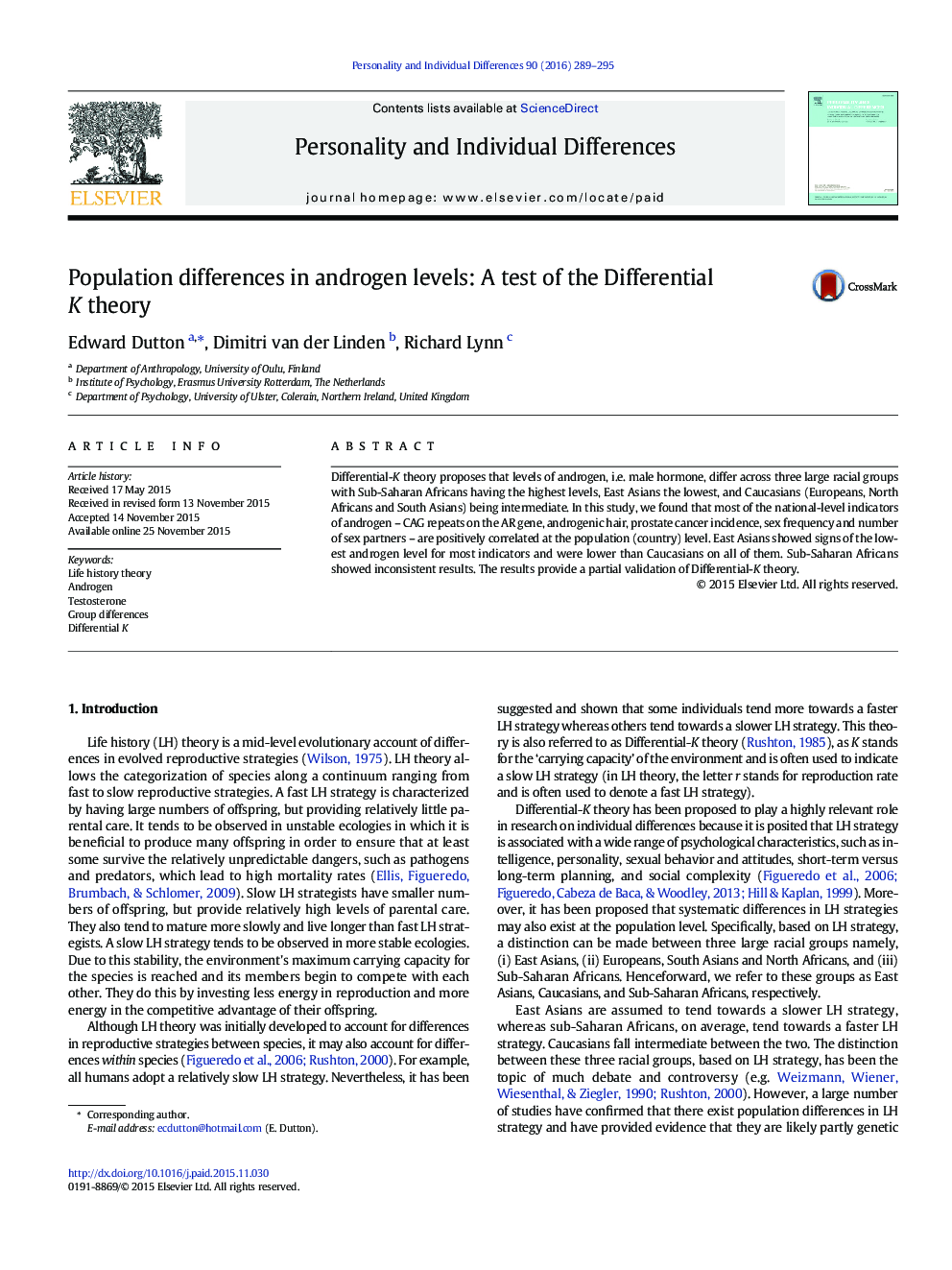 Population differences in androgen levels: A test of the Differential K theory