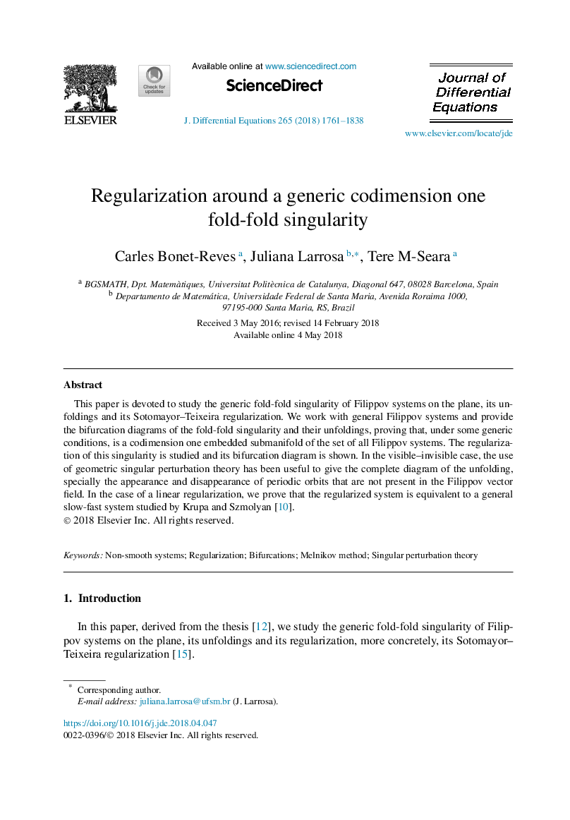 Regularization around a generic codimension one fold-fold singularity