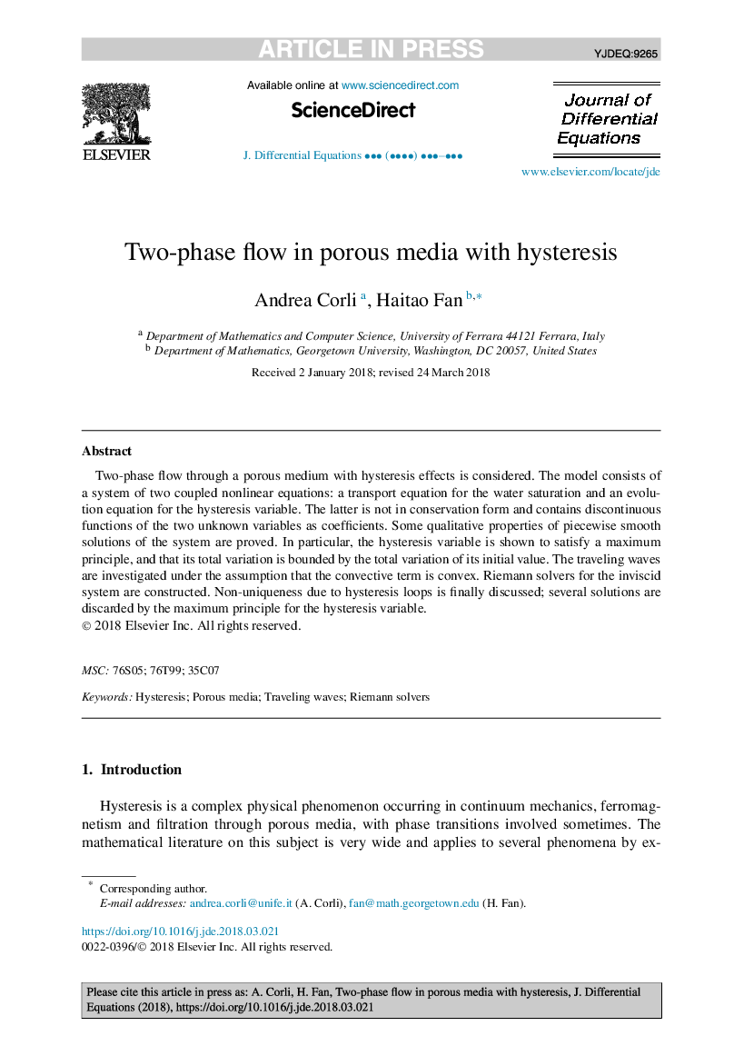 Two-phase flow in porous media with hysteresis