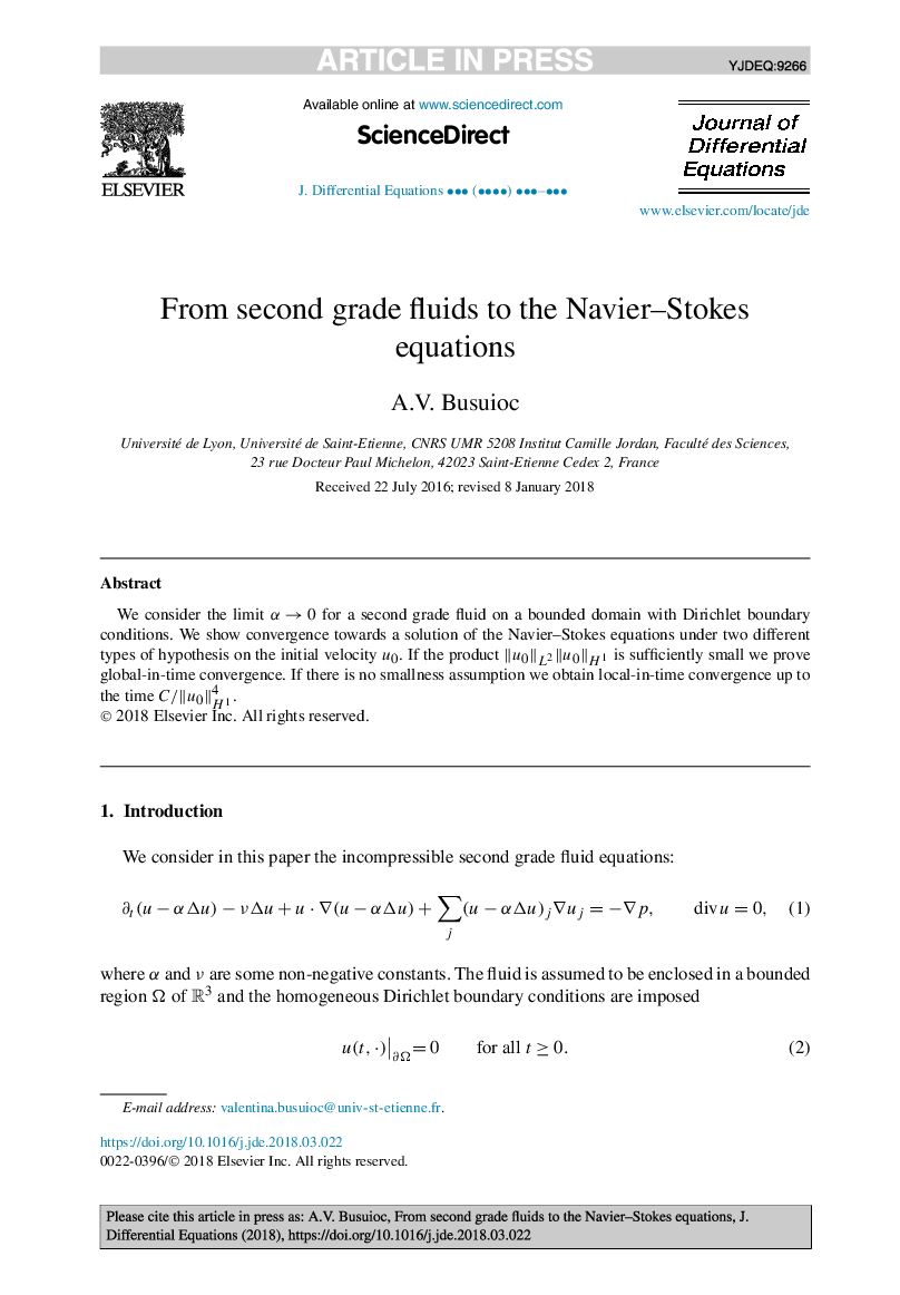 From second grade fluids to the Navier-Stokes equations