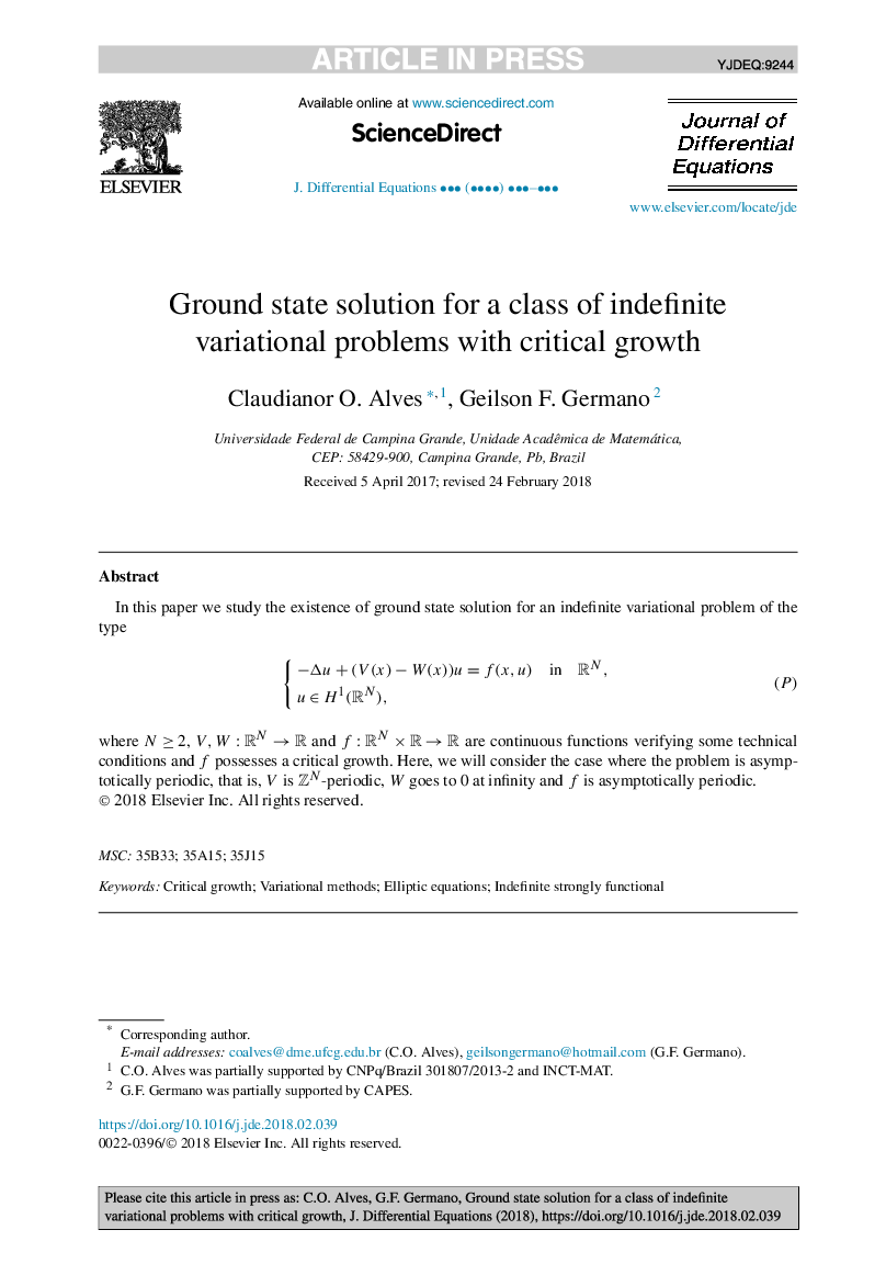 Ground state solution for a class of indefinite variational problems with critical growth