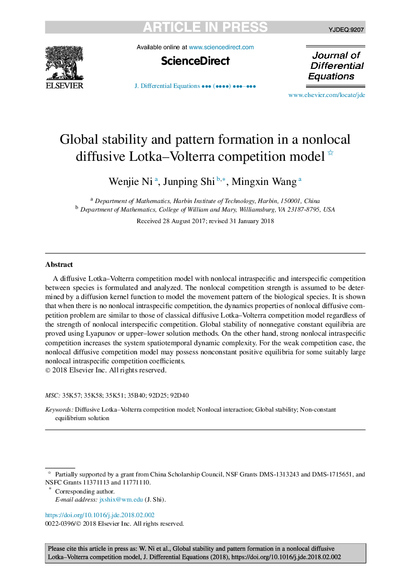 Global stability and pattern formation in a nonlocal diffusive Lotka-Volterra competition model