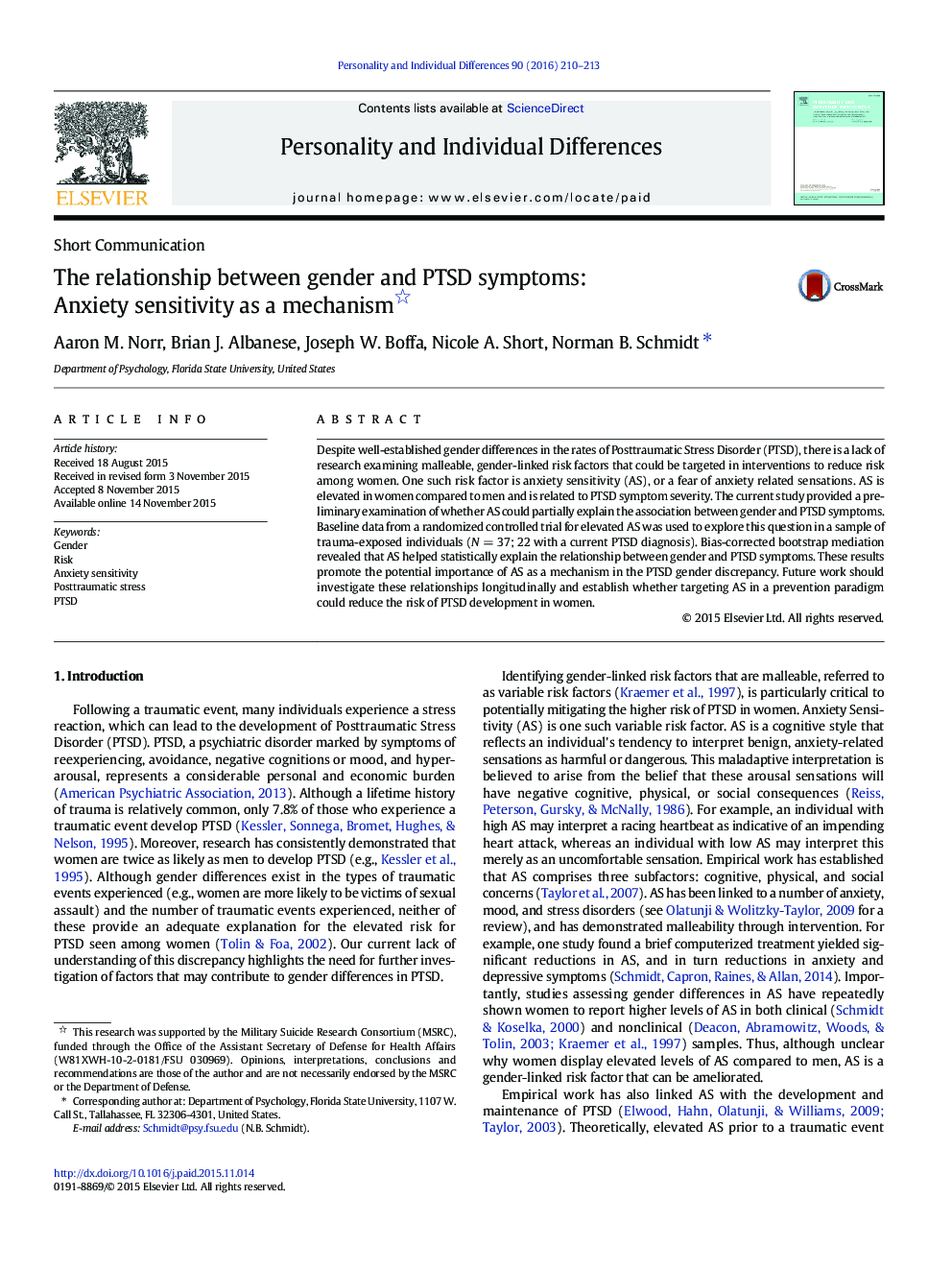 The relationship between gender and PTSD symptoms: Anxiety sensitivity as a mechanism 