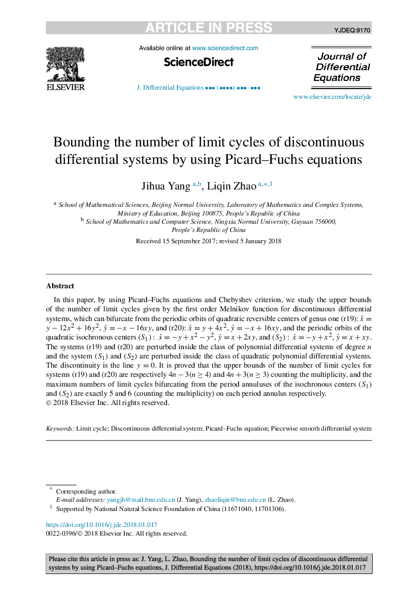 Bounding the number of limit cycles of discontinuous differential systems by using Picard-Fuchs equations