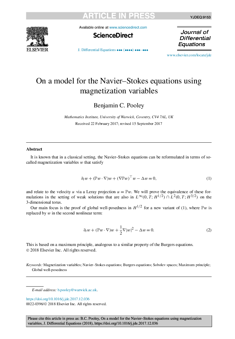 On a model for the Navier-Stokes equations using magnetization variables