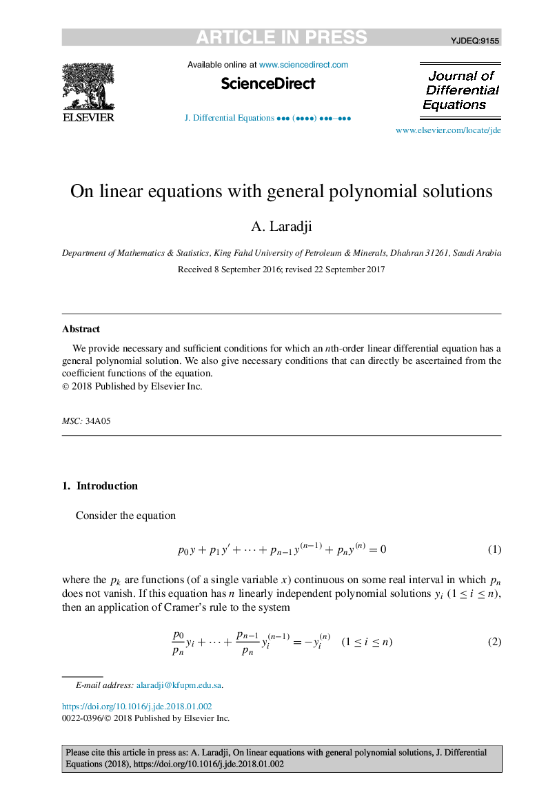 On linear equations with general polynomial solutions