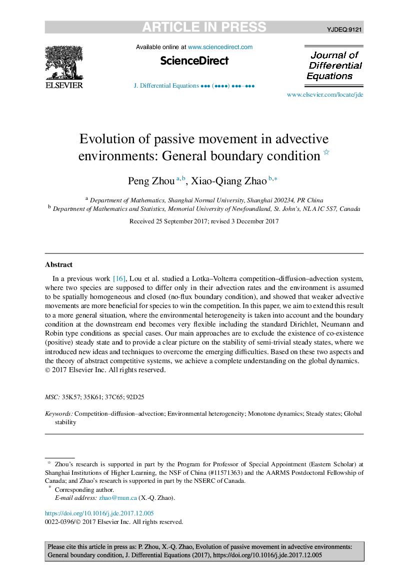 Evolution of passive movement in advective environments: General boundary condition