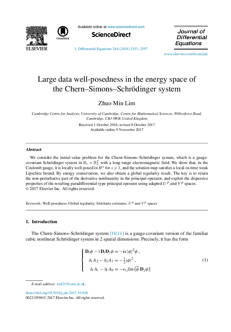 Large data well-posedness in the energy space of the Chern-Simons-Schrödinger system