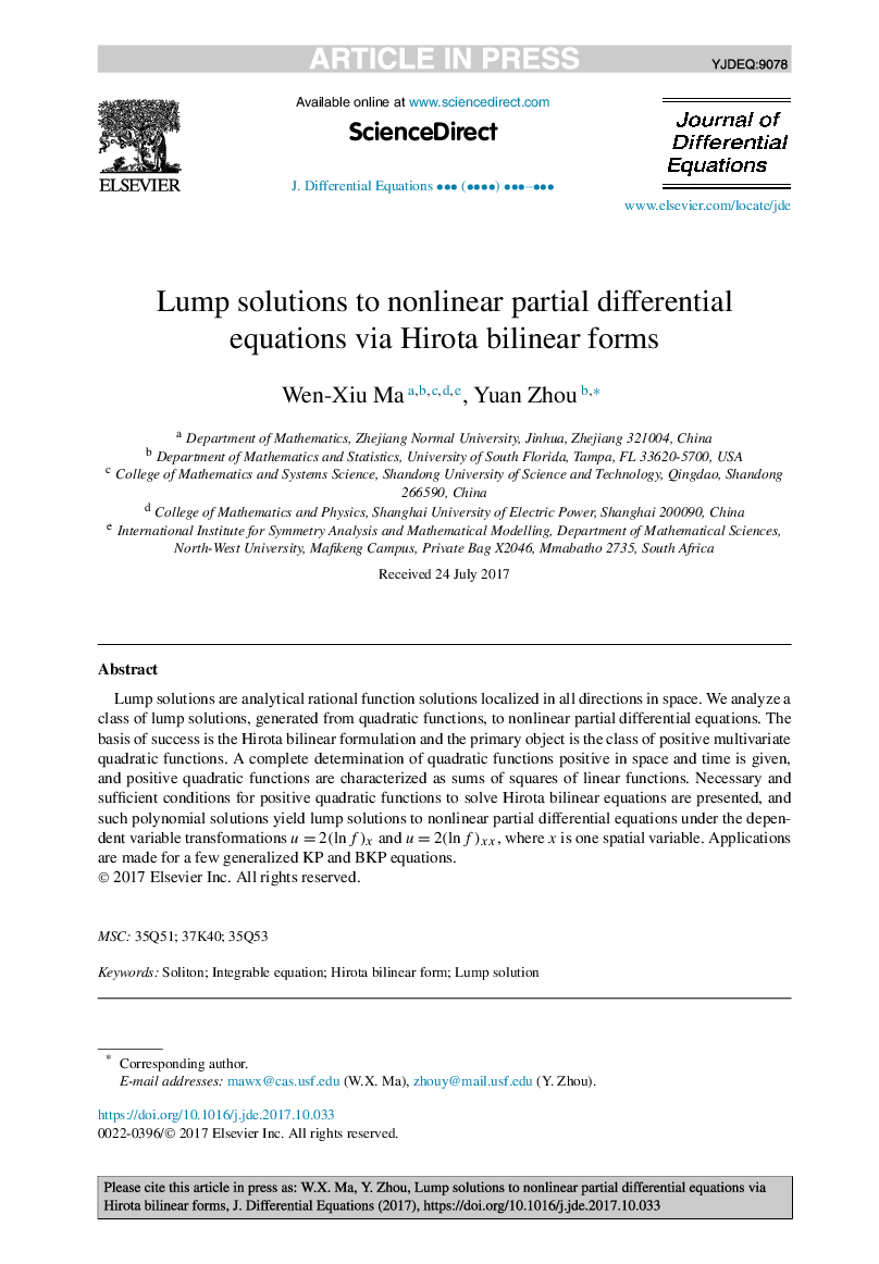 Lump solutions to nonlinear partial differential equations via Hirota bilinear forms