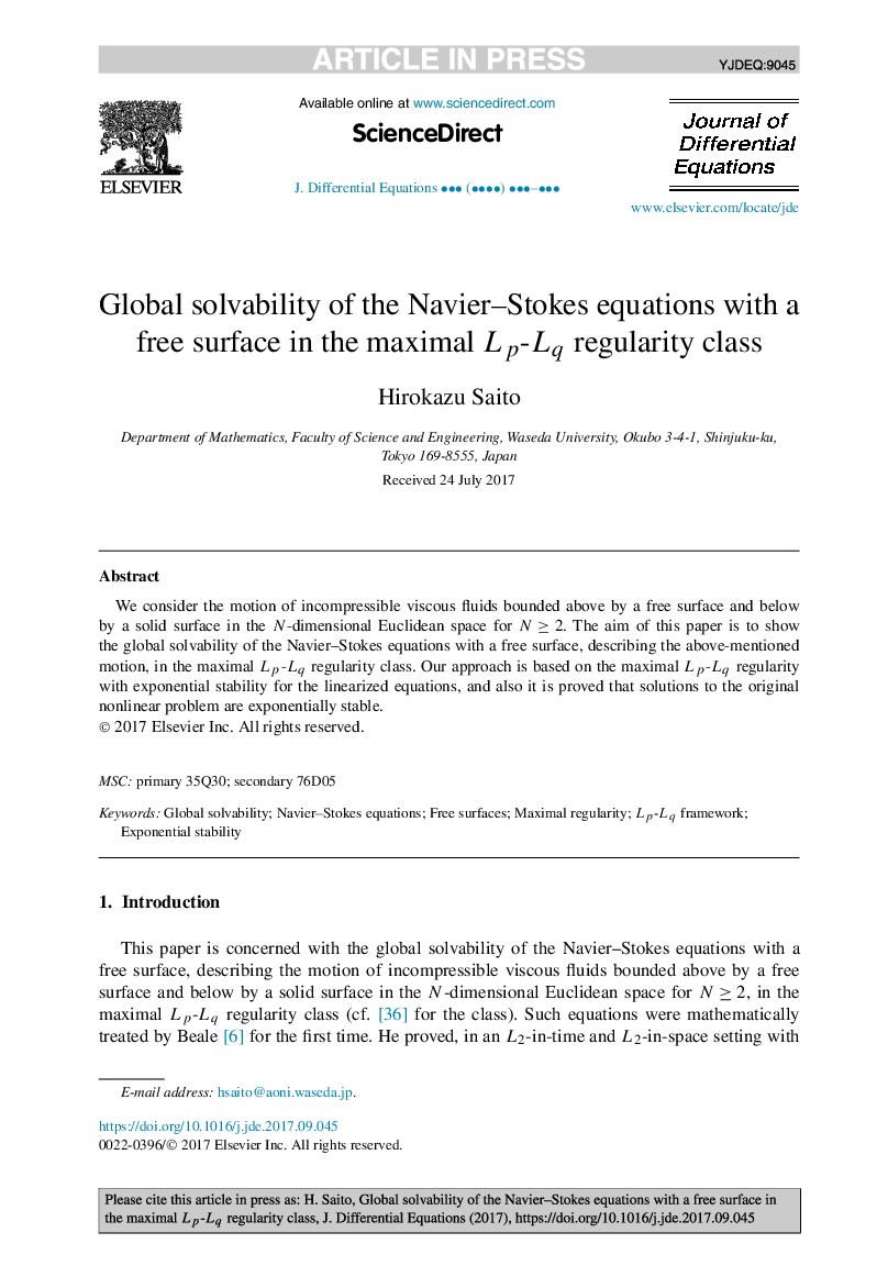 Global solvability of the Navier-Stokes equations with a free surface in the maximal Lp-Lq regularity class