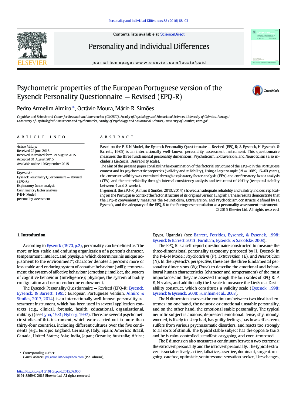 Psychometric properties of the European Portuguese version of the Eysenck Personality Questionnaire — Revised (EPQ-R)