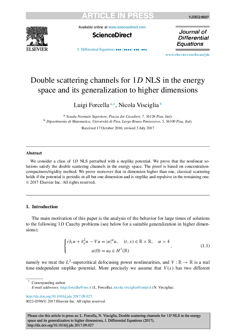 Double scattering channels for 1D NLS in the energy space and its generalization to higher dimensions