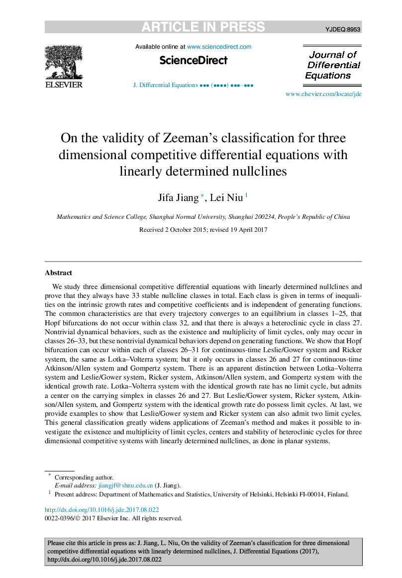 On the validity of Zeeman's classification for three dimensional competitive differential equations with linearly determined nullclines