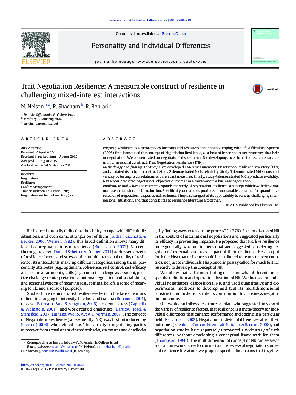 Trait Negotiation Resilience: A measurable construct of resilience in challenging mixed-interest interactions