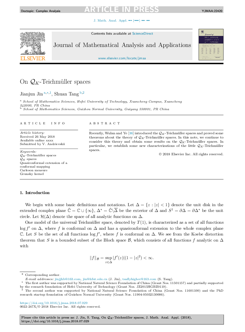 عکس صفحه اول مقاله: On QK-Teichmüller spaces On QK-Teichmüller spaces