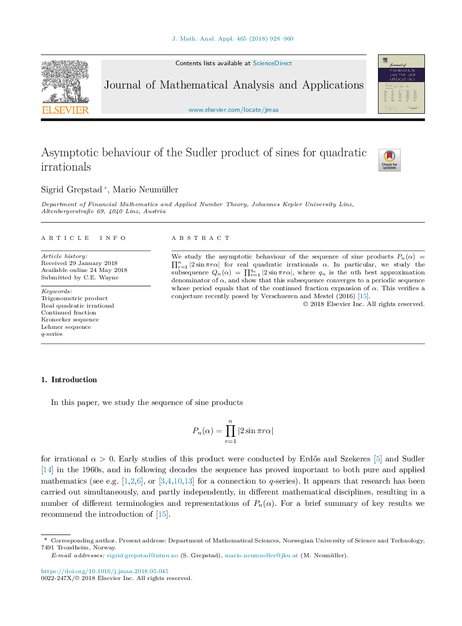 Asymptotic behaviour of the Sudler product of sines for quadratic irrationals