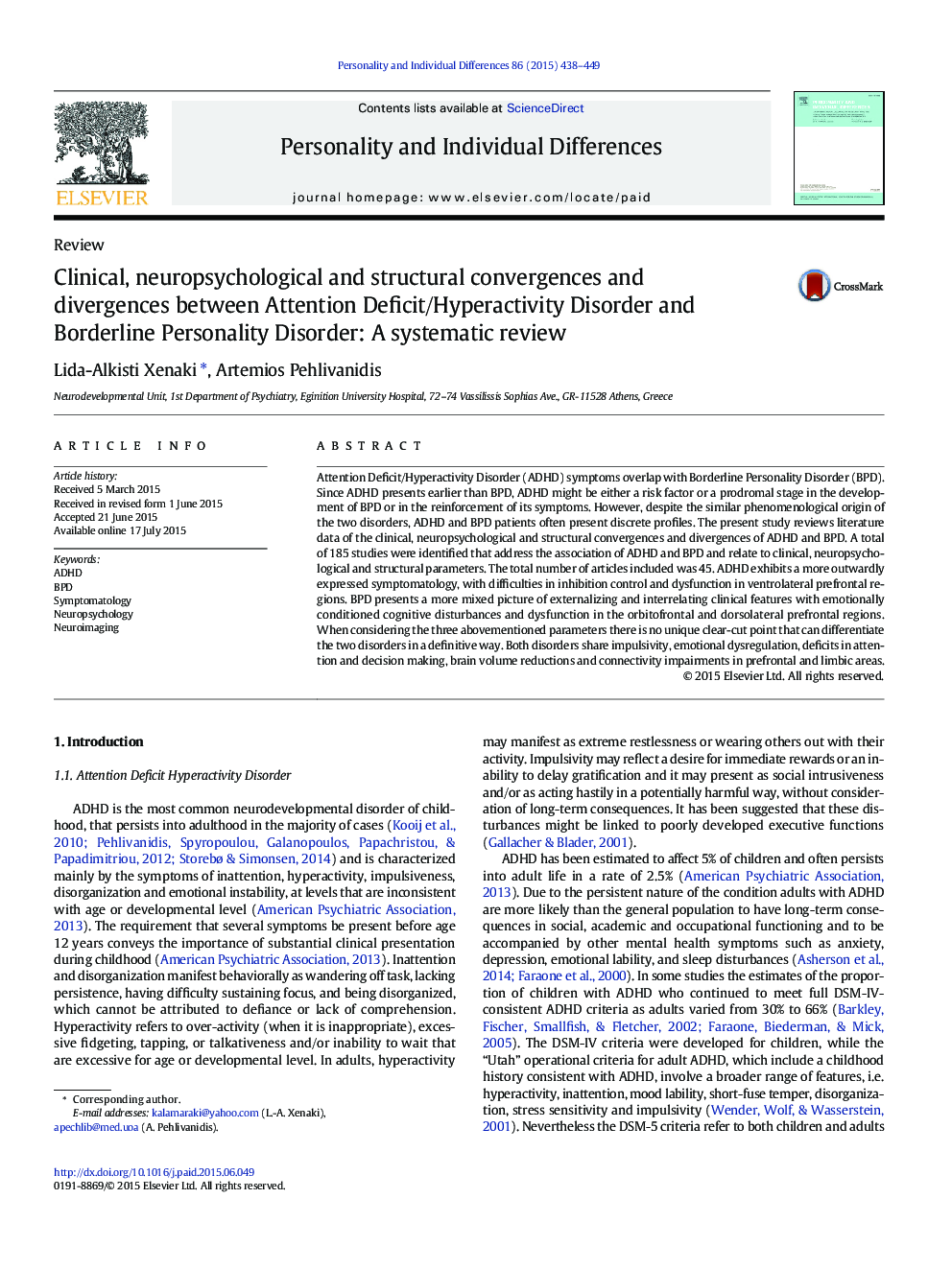 Clinical, neuropsychological and structural convergences and divergences between Attention Deficit/Hyperactivity Disorder and Borderline Personality Disorder: A systematic review